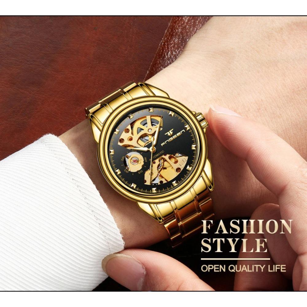 Top Luxury Golden Full Stainless Steel Men Aautomatic Mechanical Watch Business Hollow Men's Watches Waterproof Mechanical Gifts