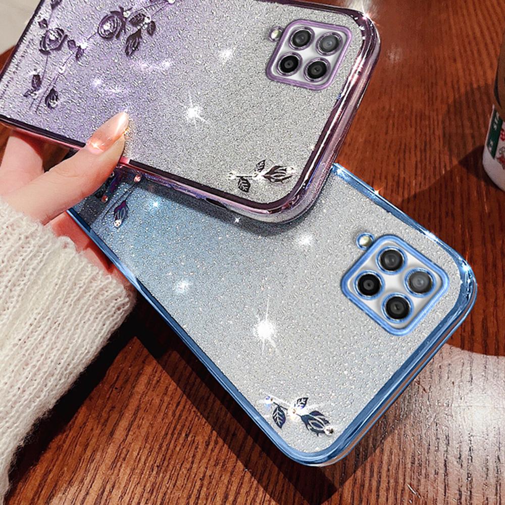KADEM For Samsung Galaxy A42 5G/M42 5G Gradient Glitter Powder TPU Cover Rhinestone Decor Flower Pattern Anti-drop Protective Case