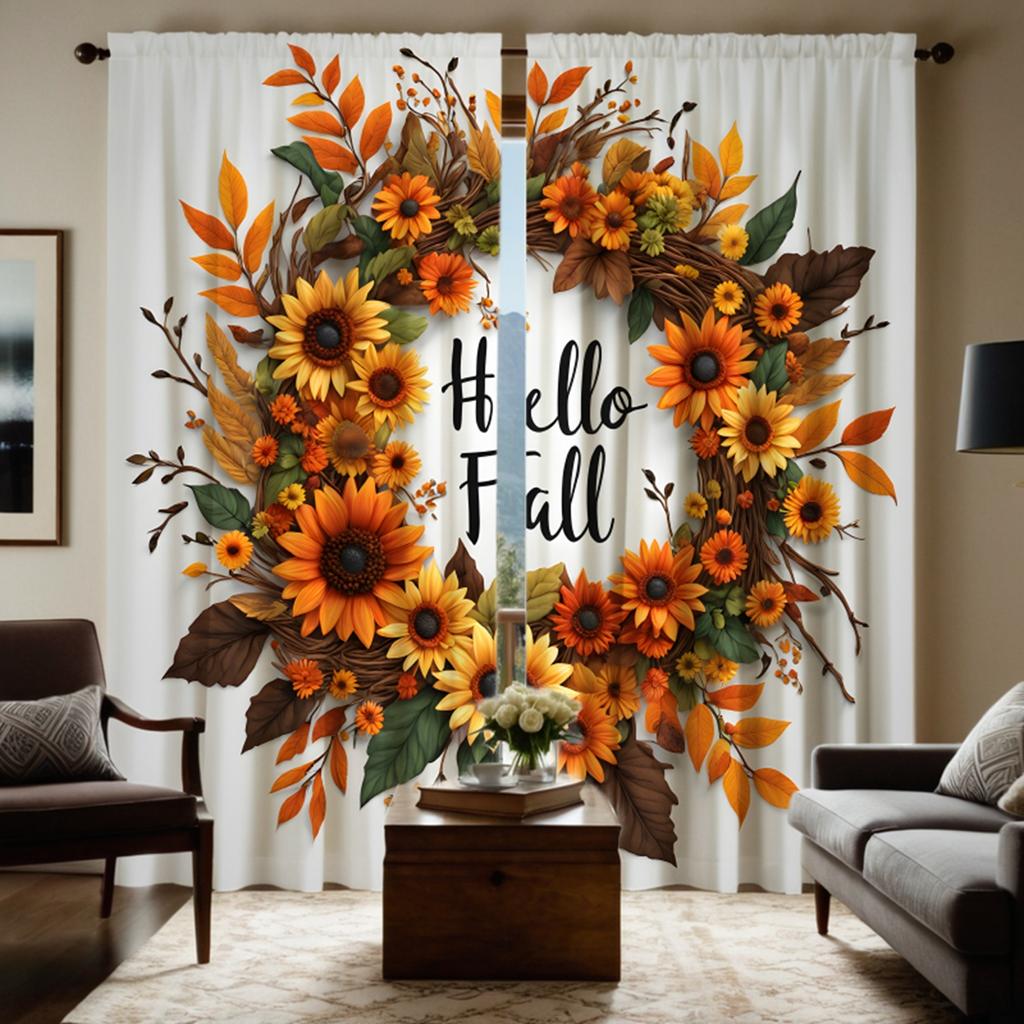 2 Stück HD Erntedank Sonnenblumen Rattan Girlande Vorhang Grün Gelb Krawatte Digital bedruckter Vorhang Heimdekoration Stil Dekorieren