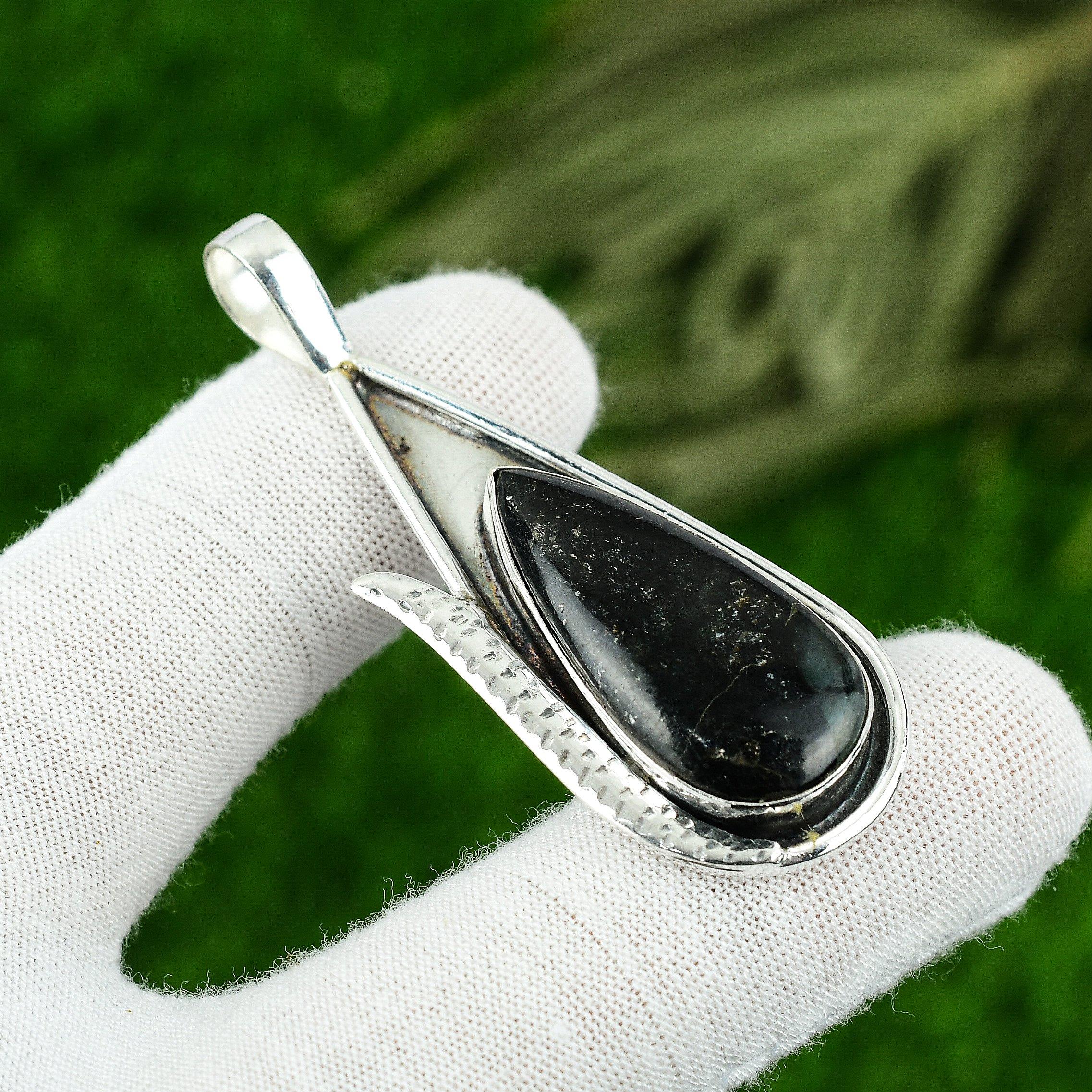 

925 Sterling Silver Pear Nuummite Gemstone Daughter Bezel Wedding Unique Pendant