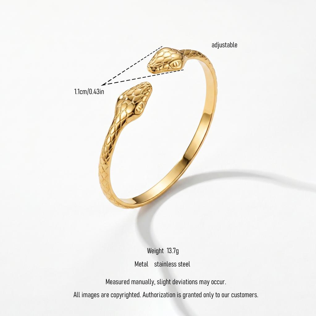 QIAOREN 12711 18K Gold Engraved Double Snake Head Open Cuff Stainless Steel Scale Textured Adjustable Stackable Trendy Women's