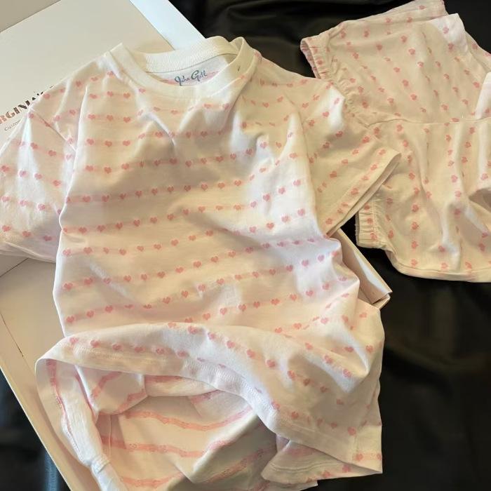 

Retro and thin new pajamas women s short-sleeved thin loose summer Internet celebrity love sweet loungewear casual suit M