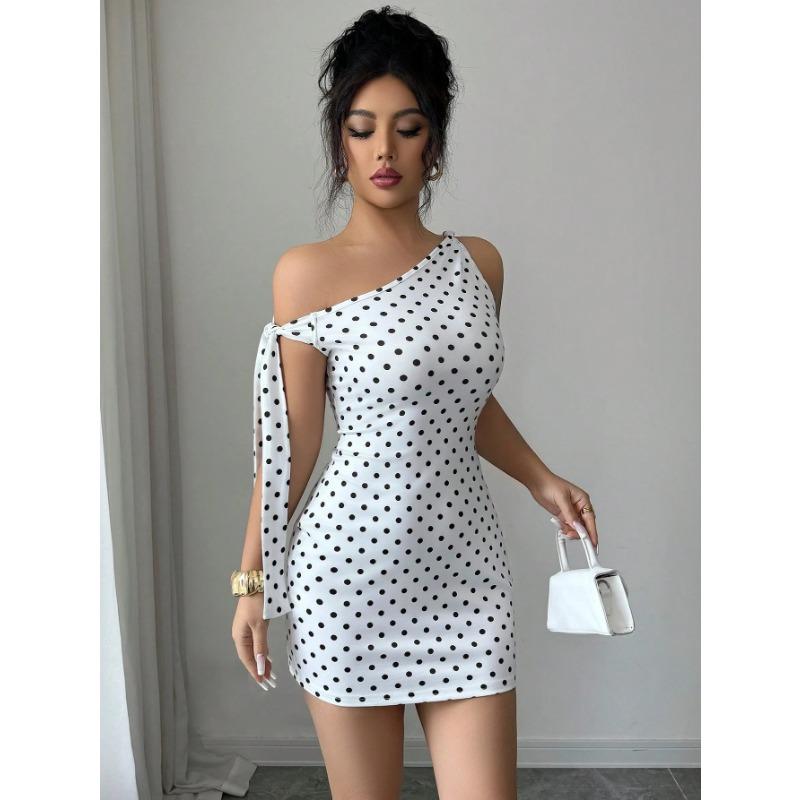 Women Sexy Polka Dot One Shoulder Tie Slim Bodycon Mini Dress