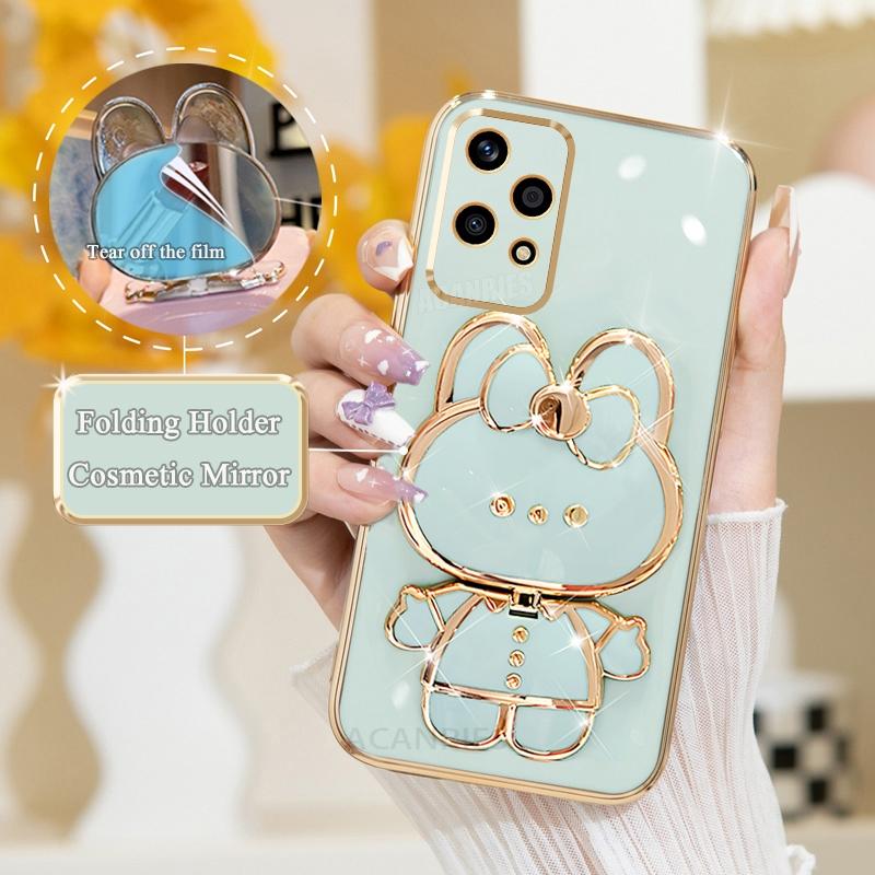 Luxury Plating Mirror Holder Case On For Huawei Honor 200 Honor200 Lite 200lite 50 70 90 Pro X8 X8a X6 X8b Silicone Stand Cover
