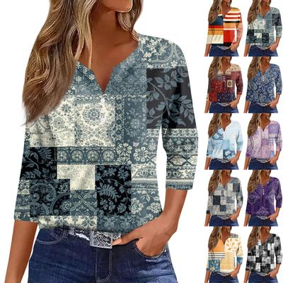 Damen T-Shirt Tee Bedruckt Knopf Kurzarm Tunika Täglich Wochenende Mode Basic V-Ausschnitt Regulär Top