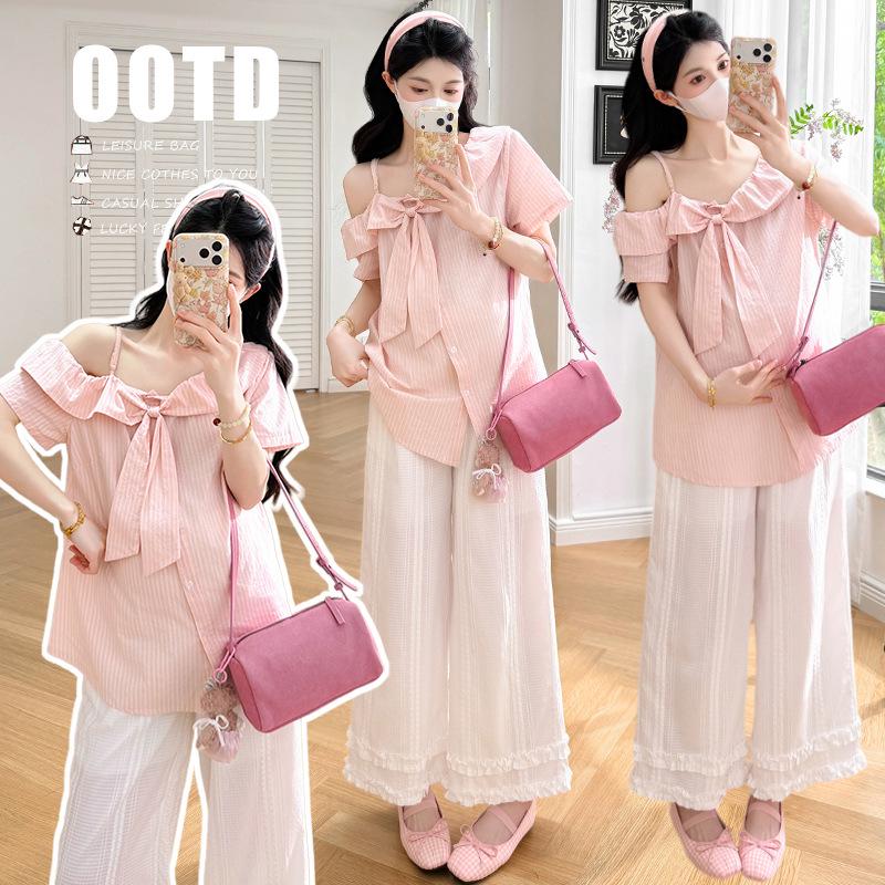 Maternity Spring/Summer Set: Pink Off-Shoulder Top + Textured White Pants M