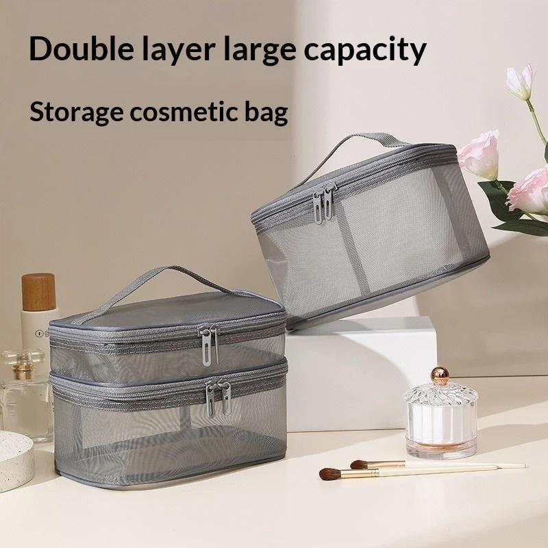 Portable Transparent Mesh Travel Bag Large Capacity Storage Toiletry Bag 2 Layer Makeup Case Toiletries Organization