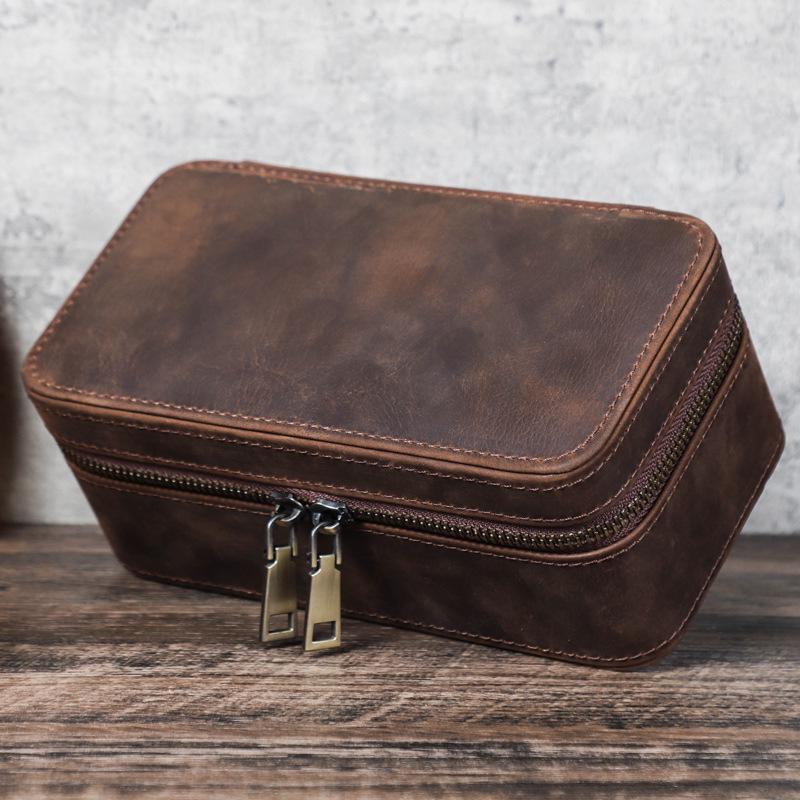 Vintage Crazy Horse Leather Watch and Jewelry Travel Box - Genuine Three-Piece Storage, Portable Ornament Gift Case.