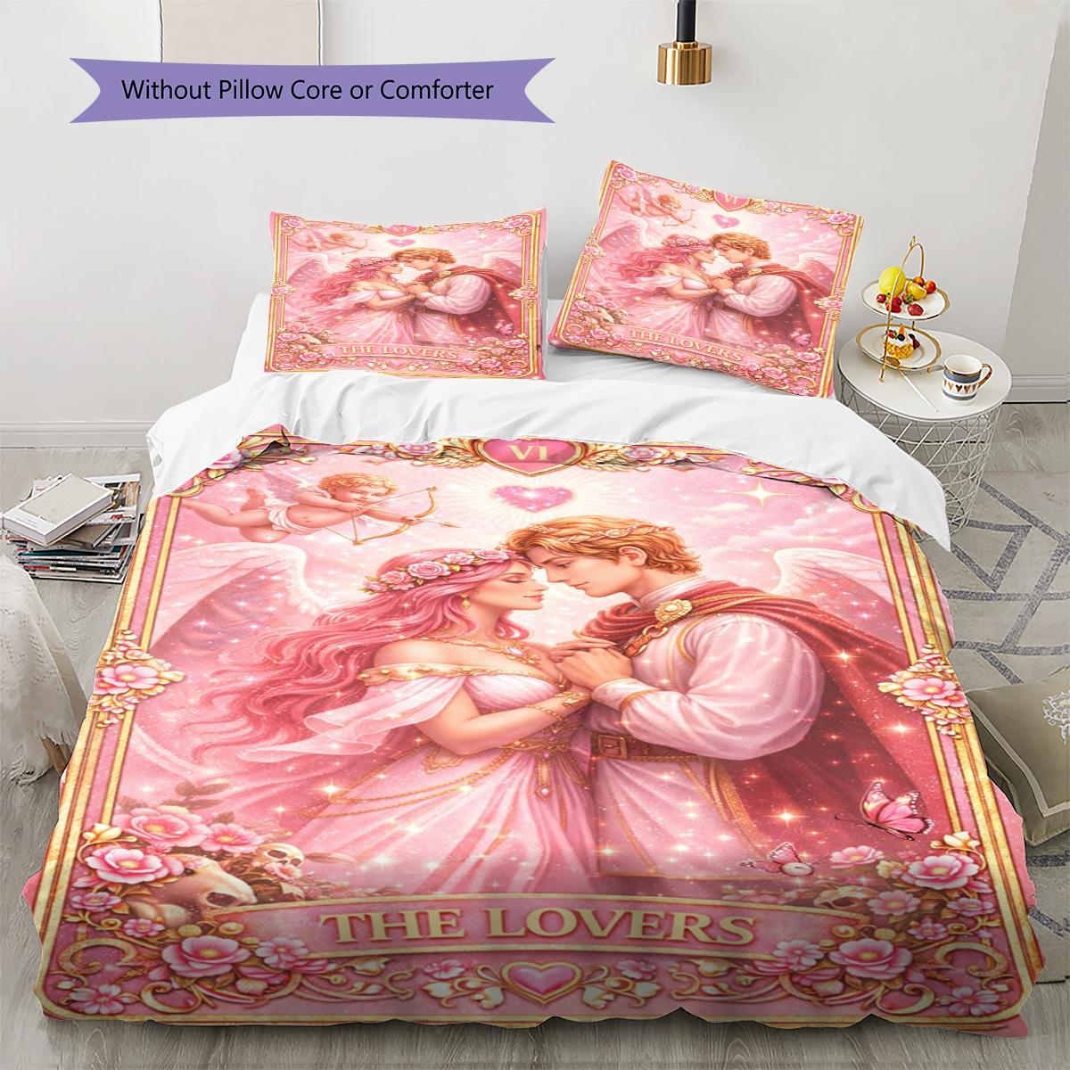 Valentine s Day Cupid Pattern Bedding Quilt Set Quilt Cover Pillowcase Home Decoration Birthday Gift (1 * duvet cover + 2 * pillowcase, without core) 135x200cm