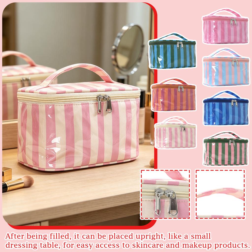 Large Capacity Waterproof PVC Travel Makeup Bag with Handle Striped Design Cosmetic Storage Organizer for Toiletries and Accessories