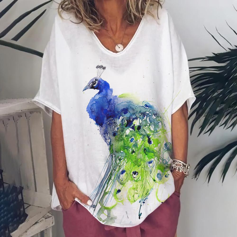Fashion Women's T Shirt V-Neck Short Sleeve Top Women 3d Peacock Graphics Summer Plus Size Everyday Casual Female Clothing 5XL