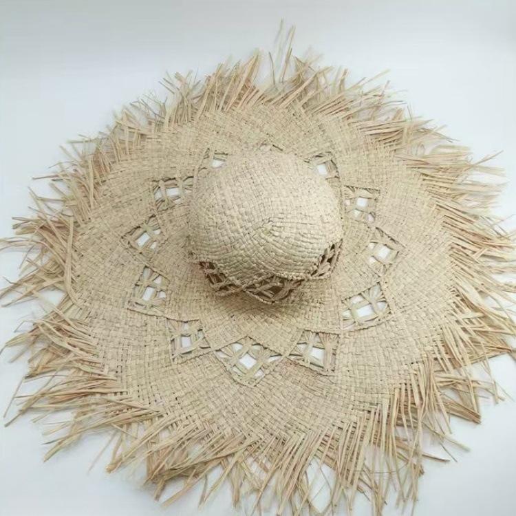 Summer Ins Hollow Big Brim Rough Rafi Straw Hat Women's Beach Hat Travel Seaside Vacation Sun Hat