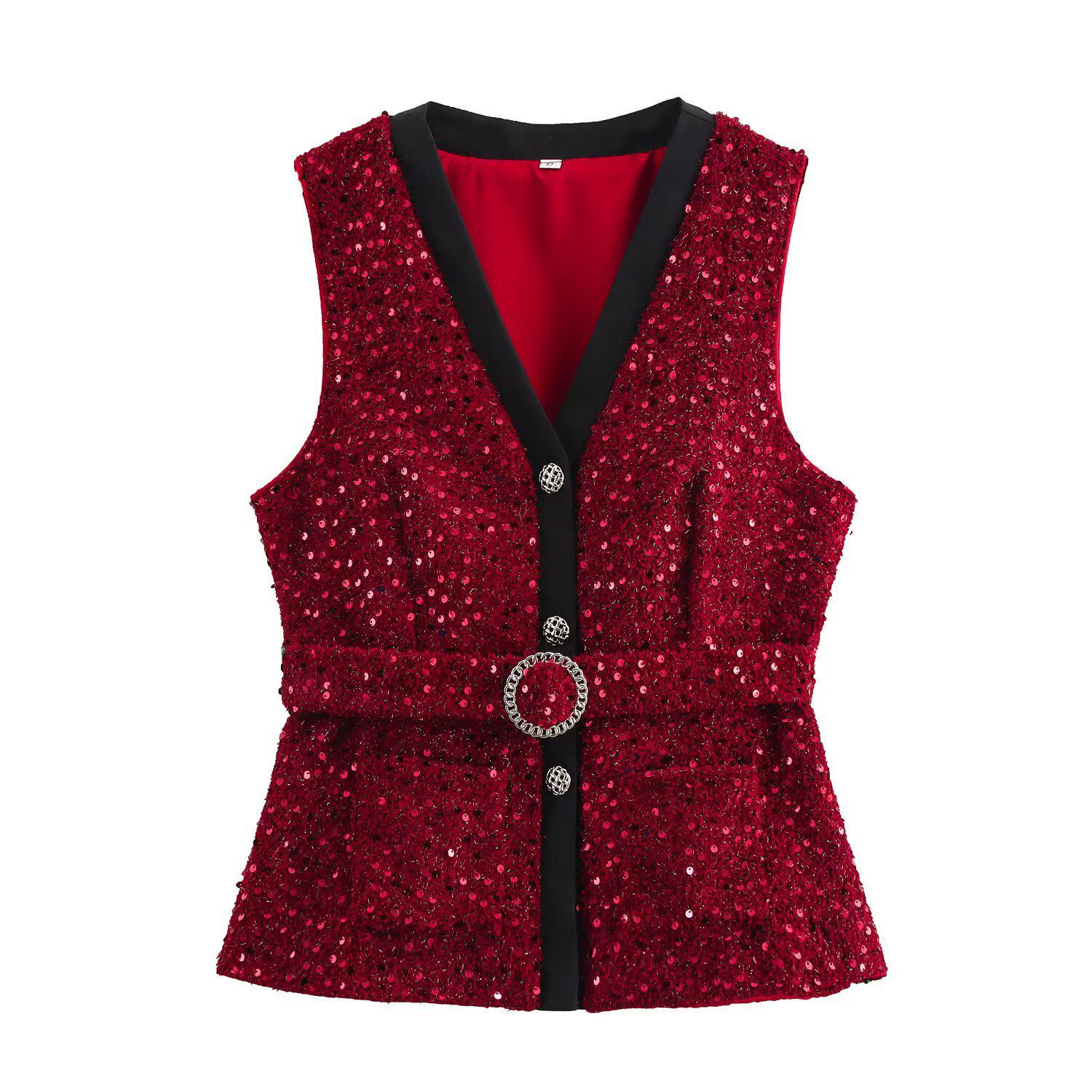 

Мода Весна 2025: Женский блестящий твидовый жилет-топ в европейском и американском стиле, облегающий талию Medium