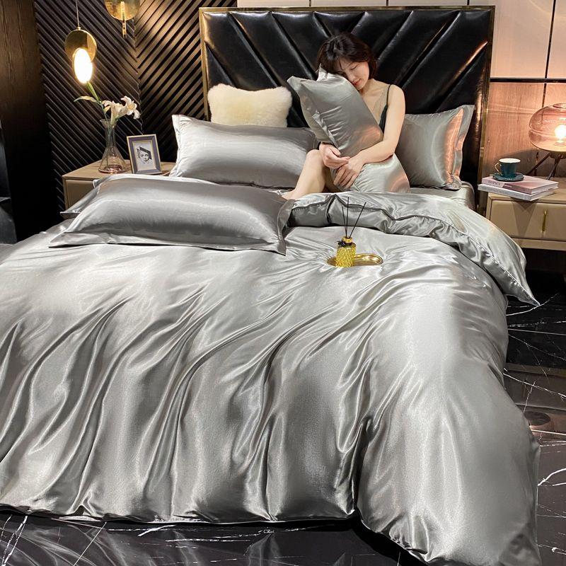 Solid Rayon Silk Bedding Set with Duvet Cover Bed Sheet Pillowcases Luxury King Single Double Couple Satin Pillow Case Bedsheet