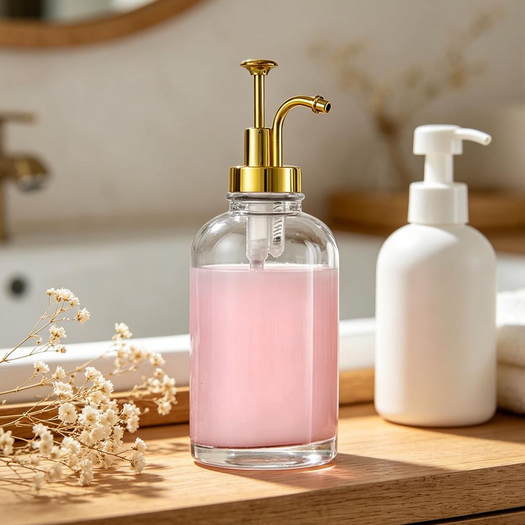 Coffee Syrup Dispenser 500ml Clear Thickened Glass Soap Dispenser Bottle for Kitchen Bathroom Gold Pump Head