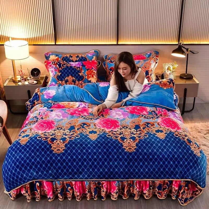 4pcs Bedding Set Fine Velvet Duvet Cover King Queen Size Thicken Quick Warm Coral Fleece Quilt Cover Bed Sheet Pillowcase