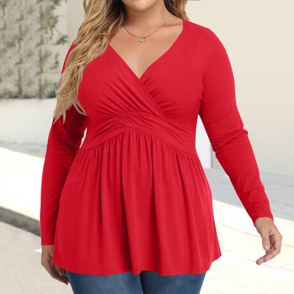 Women's Plus Size Shirt Long Sleeve  Print Top Pleated Casual V-Neck Top