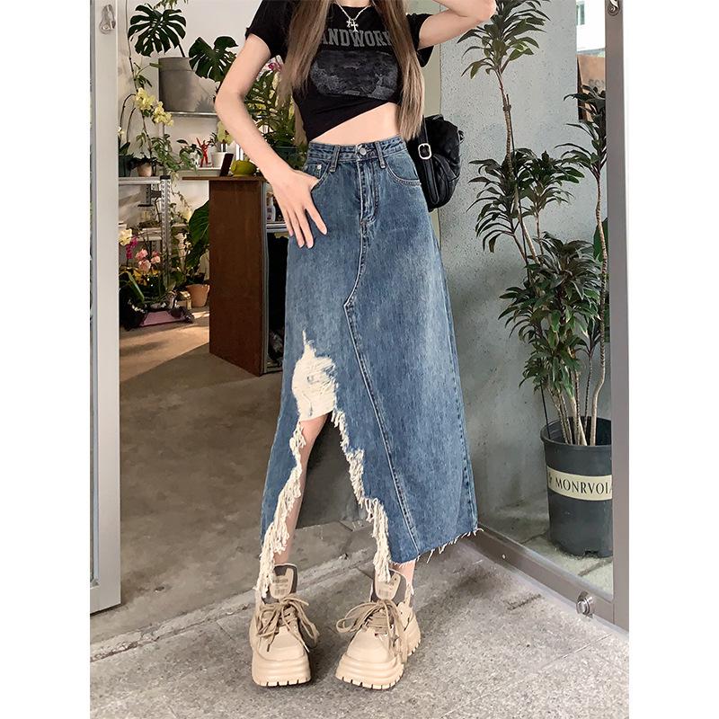 Plus Size High Waist Ripped Denim Midi Skirt - Summer Slimming A-line with Irregular Slit