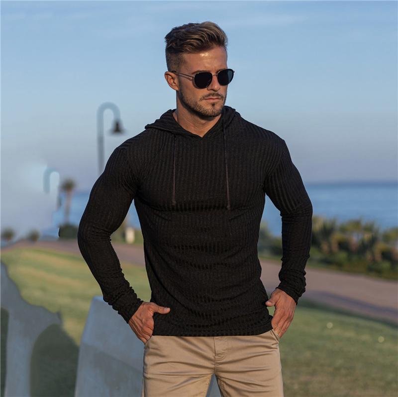 

Muscleguys Mens Hooded Knitted Sports Long Sleeved Running T-shirts Autumn Slim Fit Hoodies Stripes Casual Gym Fitness Pullover Tees Shirts M