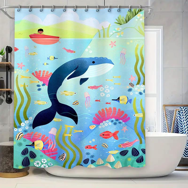Animal Kingdom Bath Shower Curtain Set Blue Whale Fish Ocean Life Decor For Bathroom 72 Long Polyester Fabric With Plastic Hooks