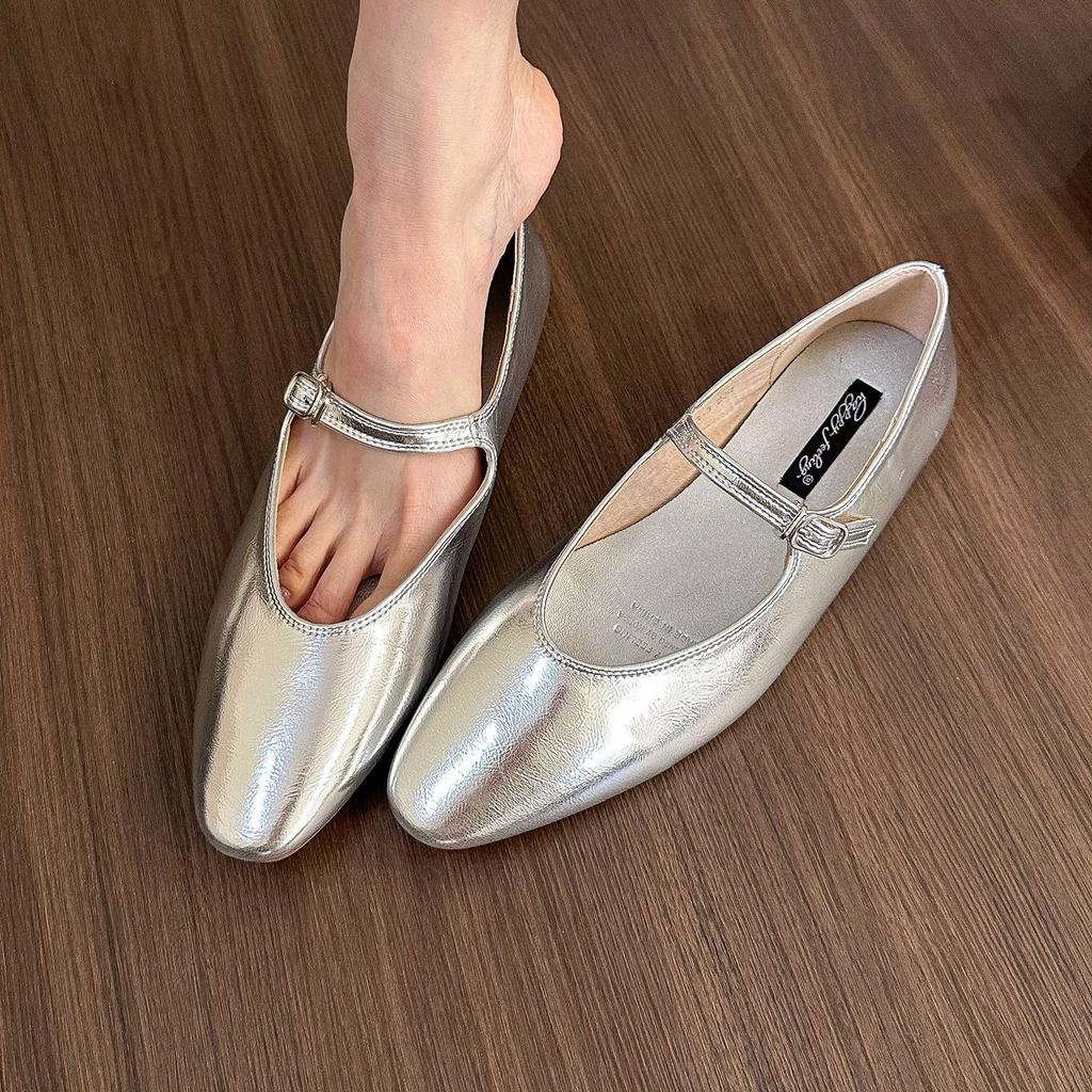 Fashion Bailamos Brand Women Silver Flats Fashion Square Toe Shallow Ladies Slip On Ballet Shoes Soft Casual Flat Mary Jane Shoes Mujer