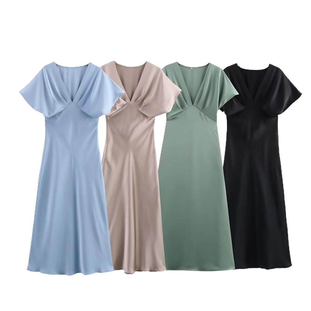 Spring and Summer New European and American Style Women's Clothing Fashion Temperament Casual V-neck Silk Satin Texture Dress