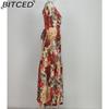 BITCED Summer Women's Outerwear: Fashionable and Elegant Printed Tie-Front V-Neck Full-Skirted Dress