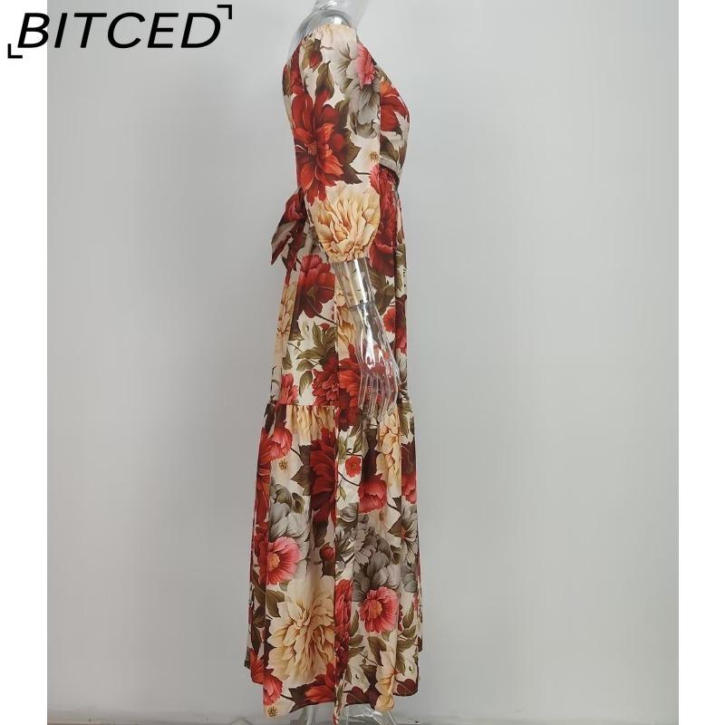 BITCED Summer Women's Outerwear: Fashionable and Elegant Printed Tie-Front V-Neck Full-Skirted Dress