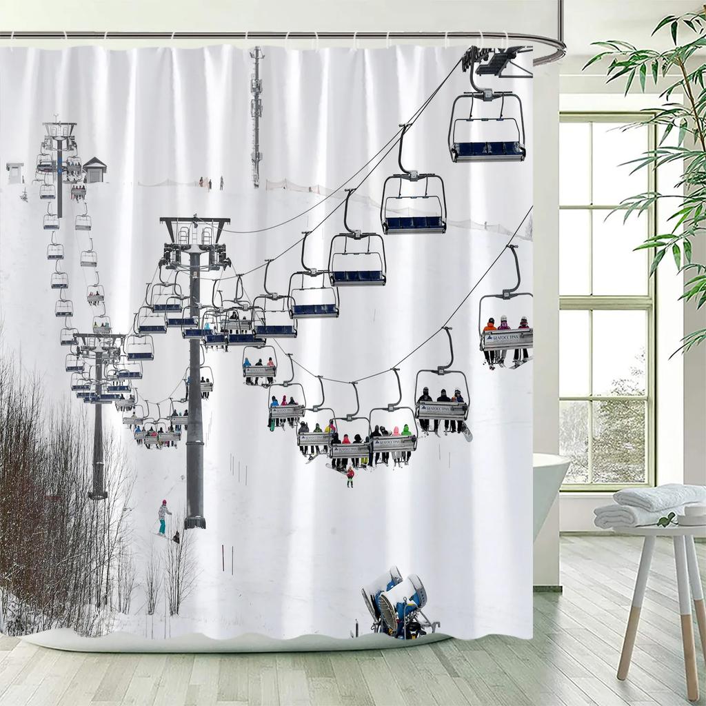 Winter Skiing Shower Curtain Set Modern Ski Station Snow Mountain Pine Tree Forest Bath Curtains Blue Christmas Bathroom Decor