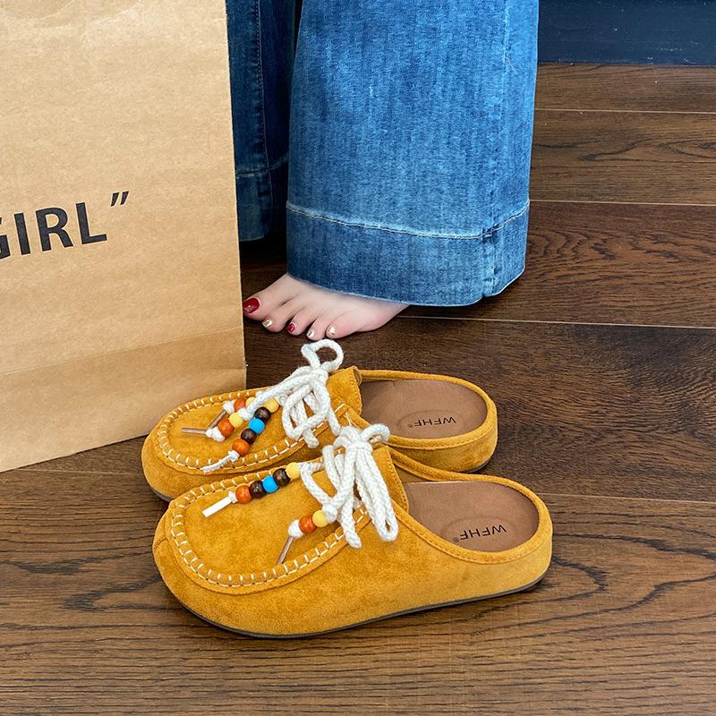Design sense niche soft leather women wear beaded bag head half slippers thick-soled retro shoes women