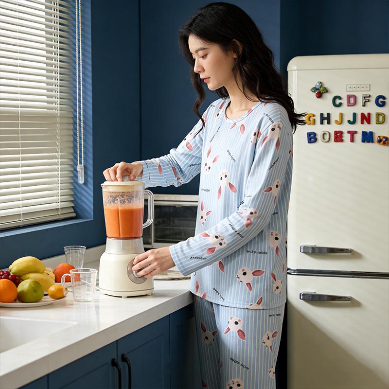 Spring and Autumn women's cartoon pajamas, pink girl cat print long-sleeved suit, loose loungewear