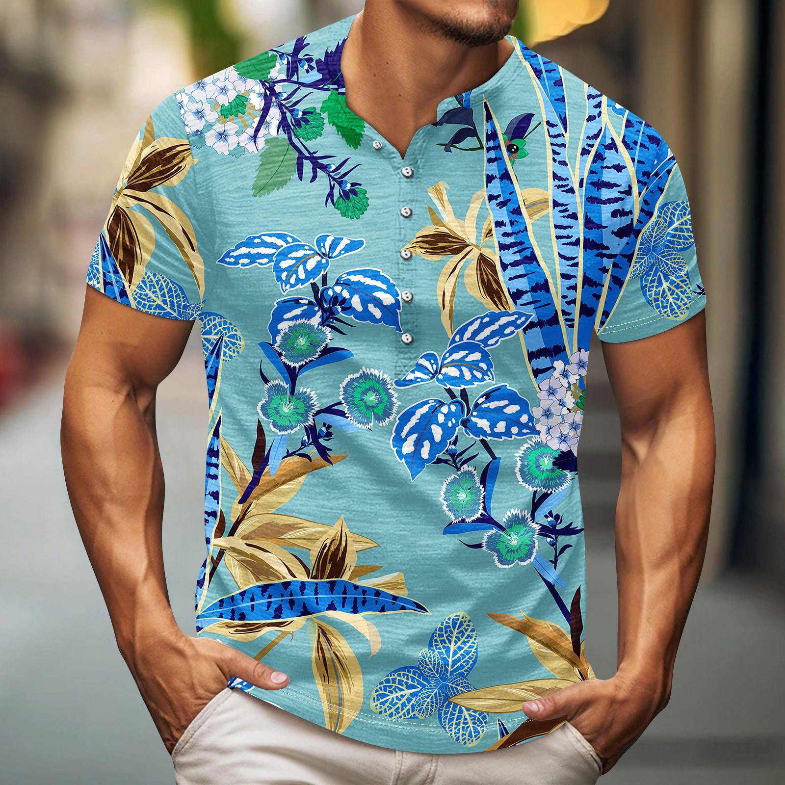 

Мужская футболка с принтом на открытом воздухе, свободный топ с короткими рукавами на пуговицах в стиле ретро XXXL синий