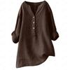 Women V Neck Linen Blend Shirt Half Button Long Sleeve Loose Fit Casual Blouse