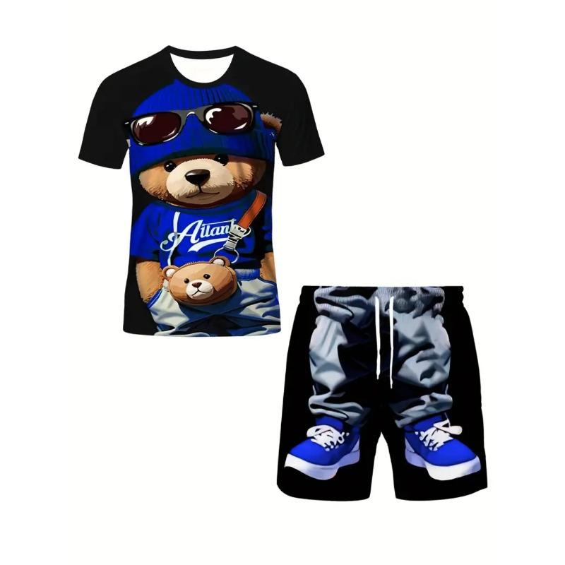 Summer Cartoon Toy Bear Print Fashionable Loose Sportswear Men's Daily Comfortable Two-piece Sport Wear