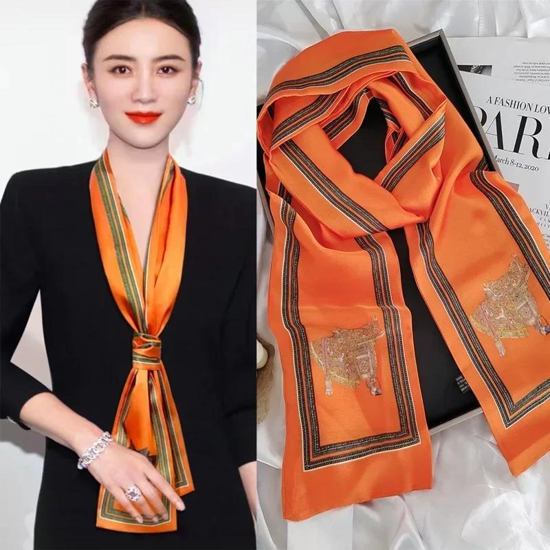 Luxury Design Women Summer Long Silk Scarf Hair Headband Foulard Skinny Bag Scarves Neckerchief Lady Shirt Decorative Streamers