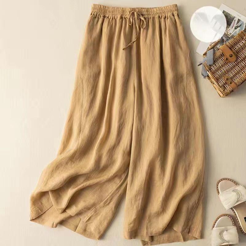 Purple Linen Casual Elastic High Waist Loose Women's Pants Korean Fashion Wide Leg Ankle-Length Pants for Women