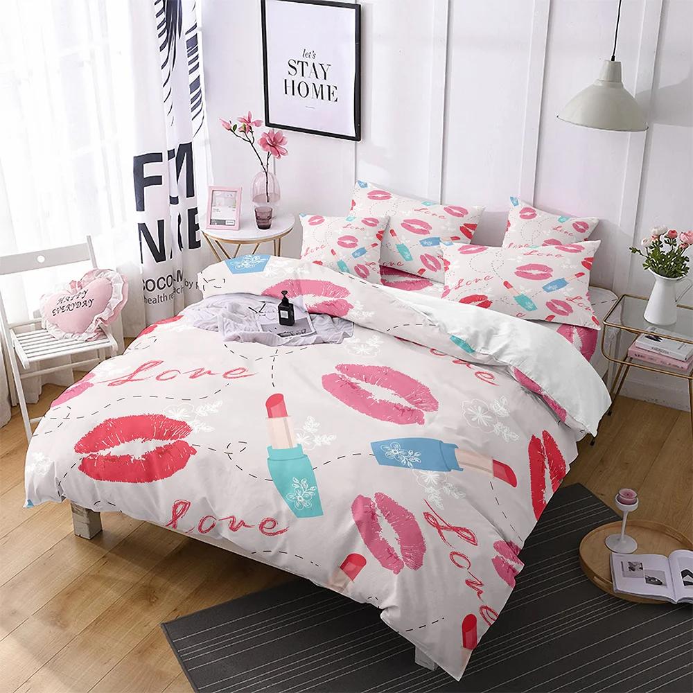 Comforter Lips Polyester Red Heart Valentine'S Day Present For Couple Wife King Queen Size Bedding Set With