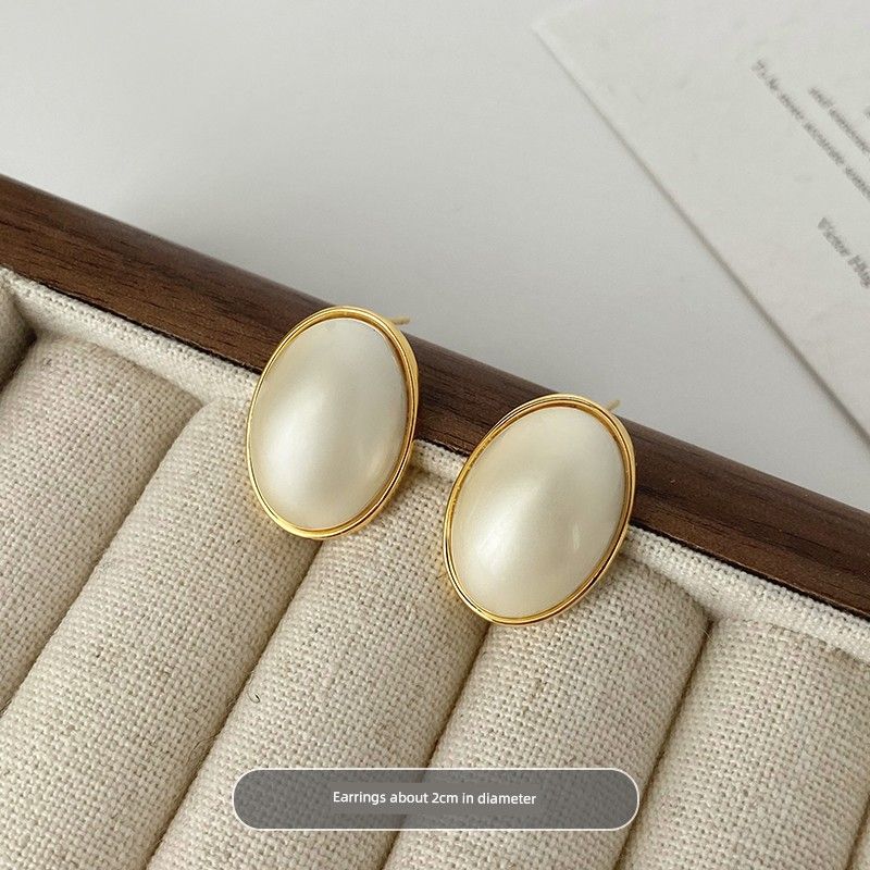

Niche Style Milky White Female S925 Silver Pearl Stud Earrings Oval Pearl