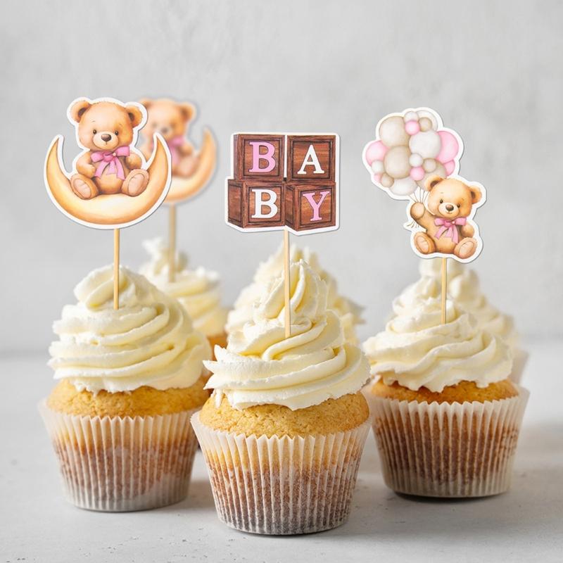 12Pcs Cupcake Top Decoration Cartoon Bear Theme Paper Cake Picks Ornament for Birthday Wedding Holiday Table Setting