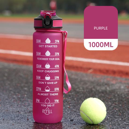 1000ml Wasserbecher Lebensmittelqualität Auslaufsicher Große Kapazität mit Zeitmarkierung Trageband-Design Staubdicht Motivierende Sport-Wasserflasche mit Strohhalm Büro