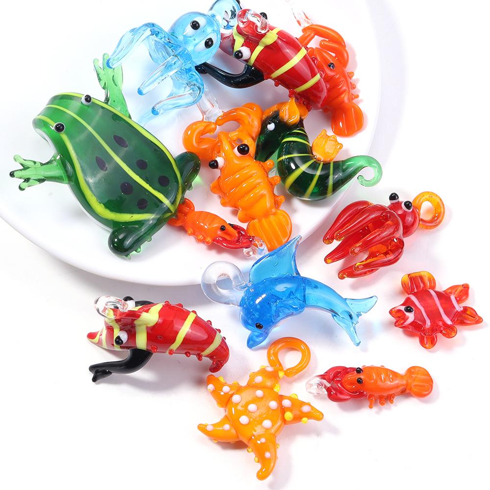 Animal Lampwork Beads Cartoon Dolphin Frog Shrimp Fish Glass Sea Animals Charms For DIY Jewelry Making Bracelet Pendant Keychain