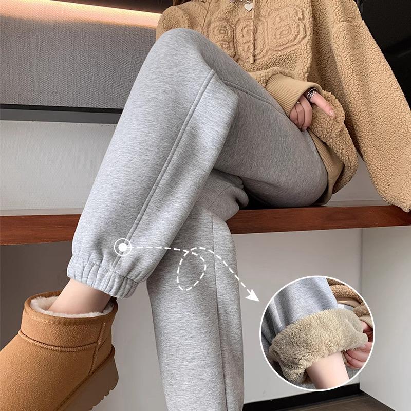 Women's High-Waist Fleece-Lined Cuffed Sweatpants - Thick Grey Joggers for Autumn/Winter 2024