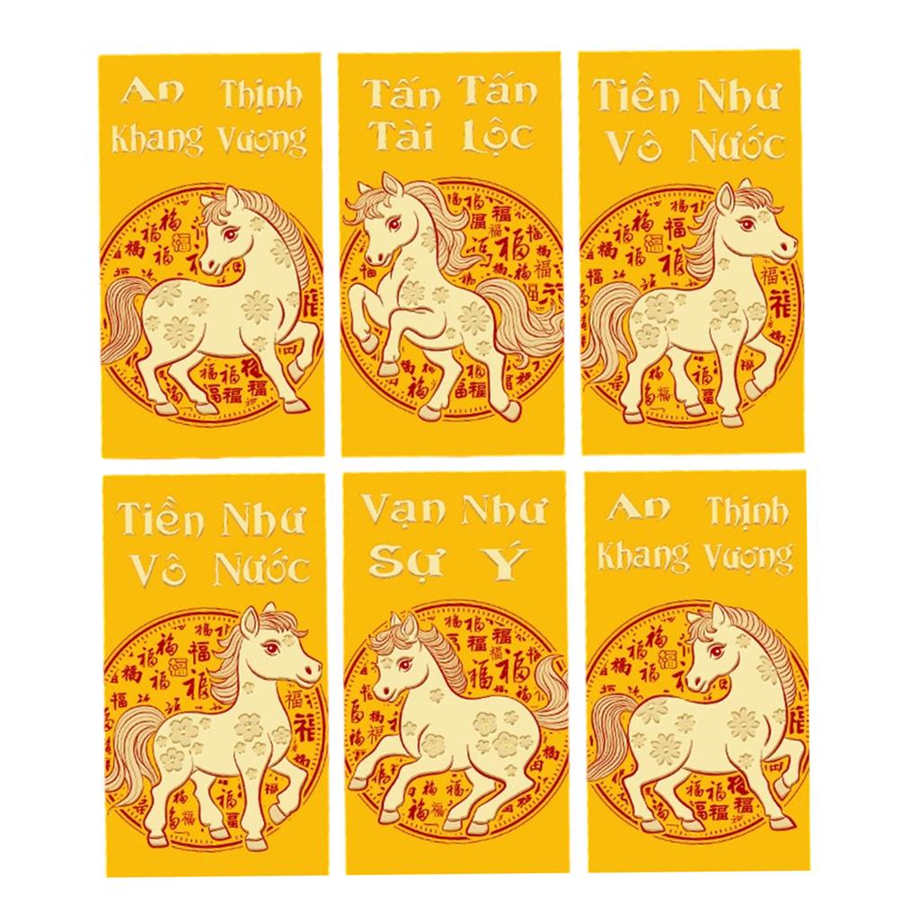 Pack of 6 Vietnamese Lunar New Year Red Envelopes With Festive Horse Design and Matte Finish for 2026 Celebrations