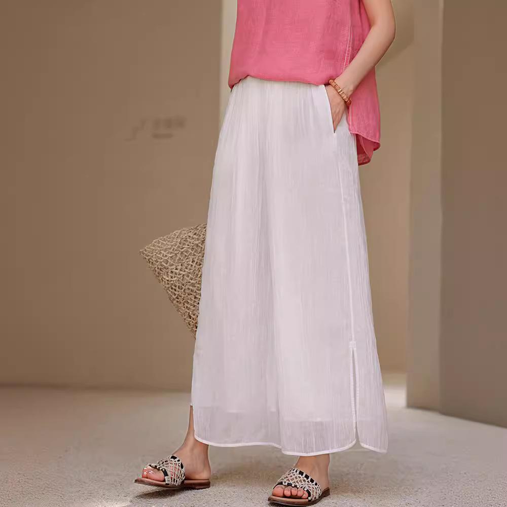 

Летние брюки палаццо из рами с вышивкой и разрезом M белый