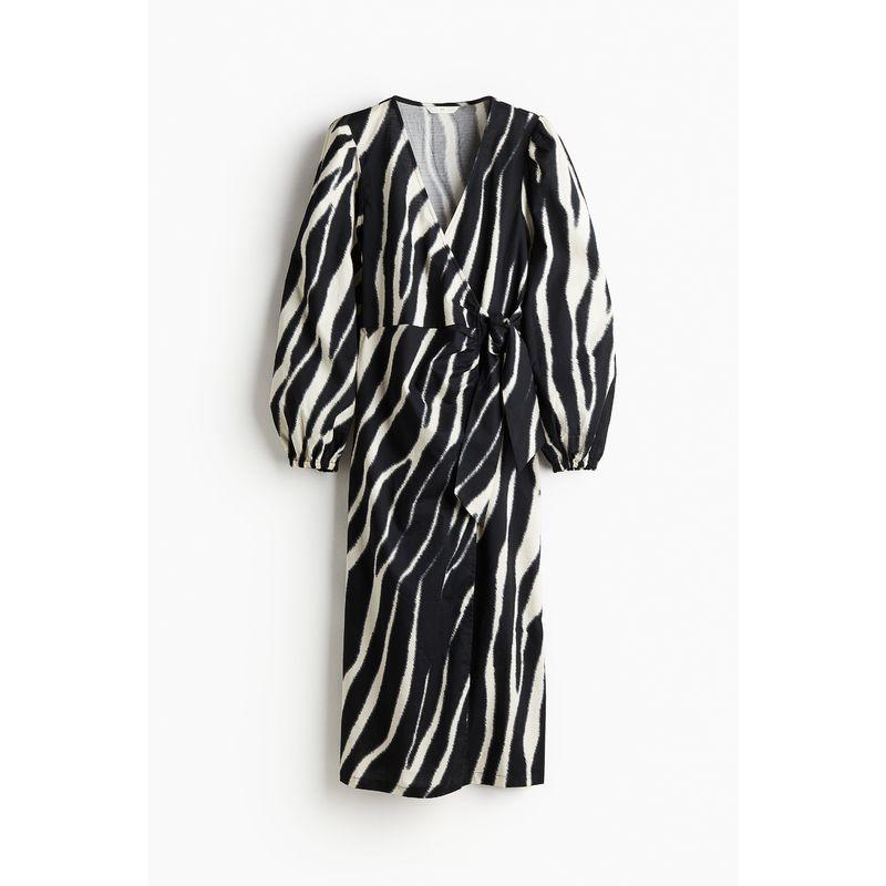 

HM Women s Clothing Fall V-neck Casual Cotton Wrap Dress 1232906 Black/Zebra 155/80(XS)