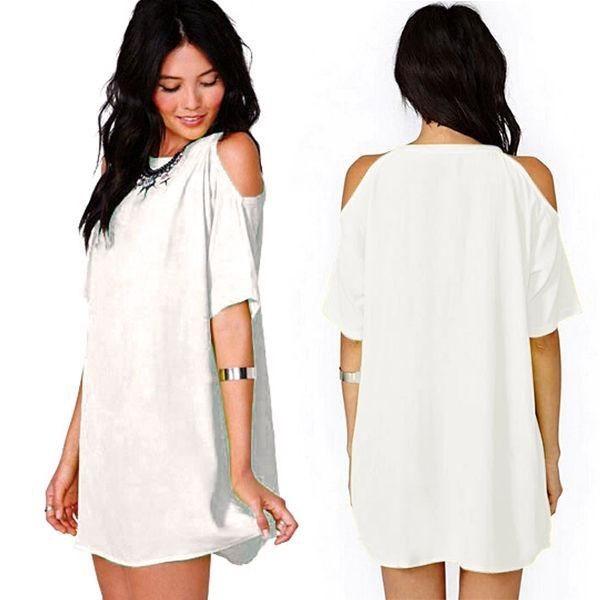 Large Shirt Size Women Shoulder Naked Silk Mousseline Summer Tshirt Dress