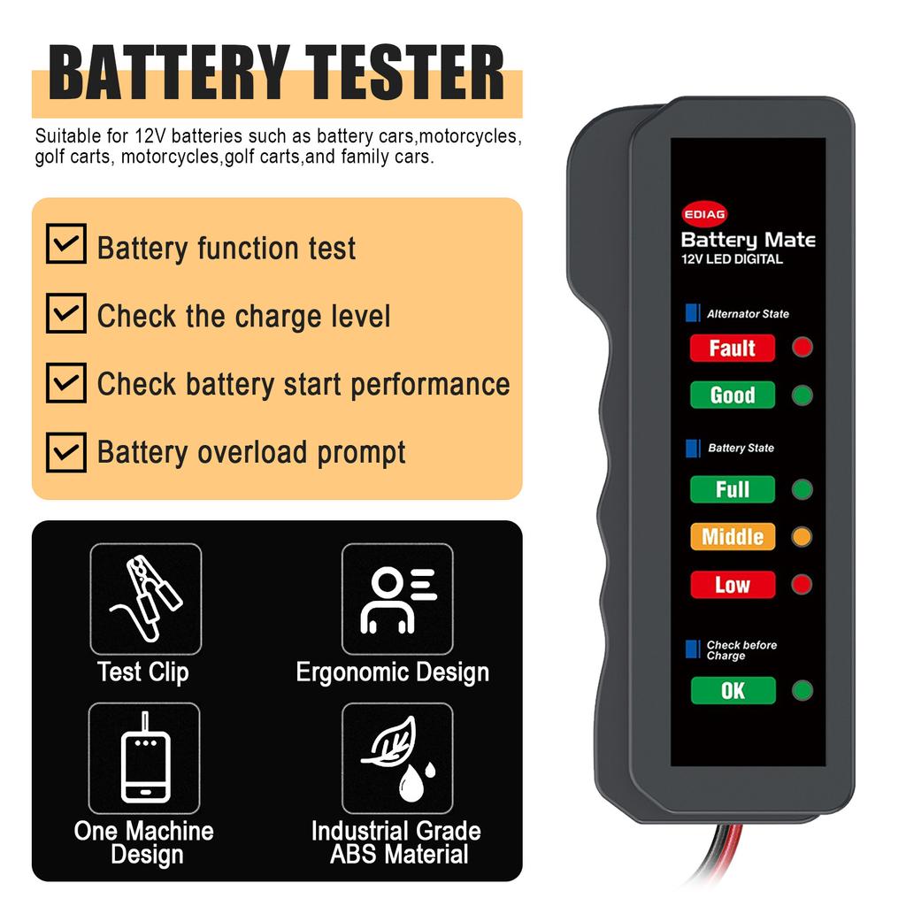 Mini 12V Autobatterietester Digitaler Lichtmaschinentester 6 LED-Leuchten Display Autodiagnosewerkzeug Autobatterietester Analysator