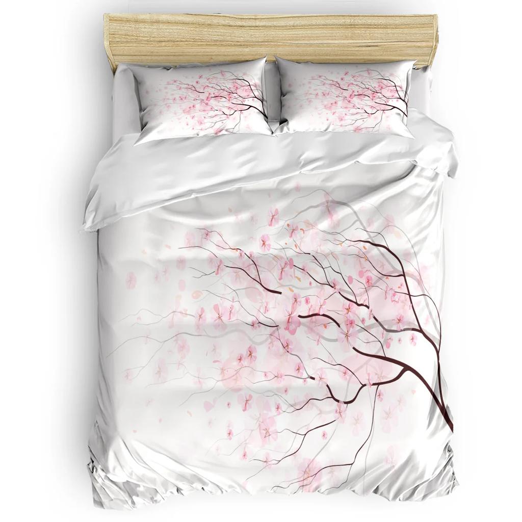 Set husă de plapumă roz pal, Ramură de Sakura cu flori de cireș Primăvară japoneză delicată, Set de lenjerie de pat decorativ din 3 piese, Mărime king