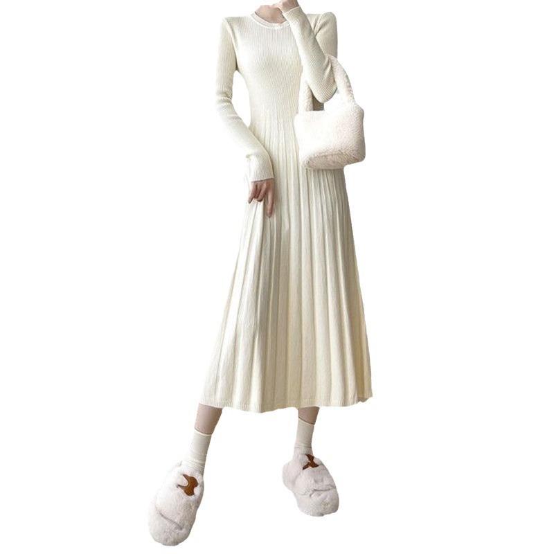 Autumn and winter new casual fashion inner sweater skirt solid color round neck knee long knitted dress women