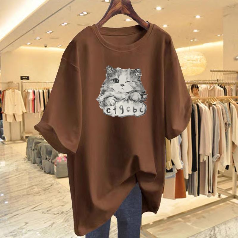 Women's Summer Loose Cartoon Cat Print Cotton T-Shirt